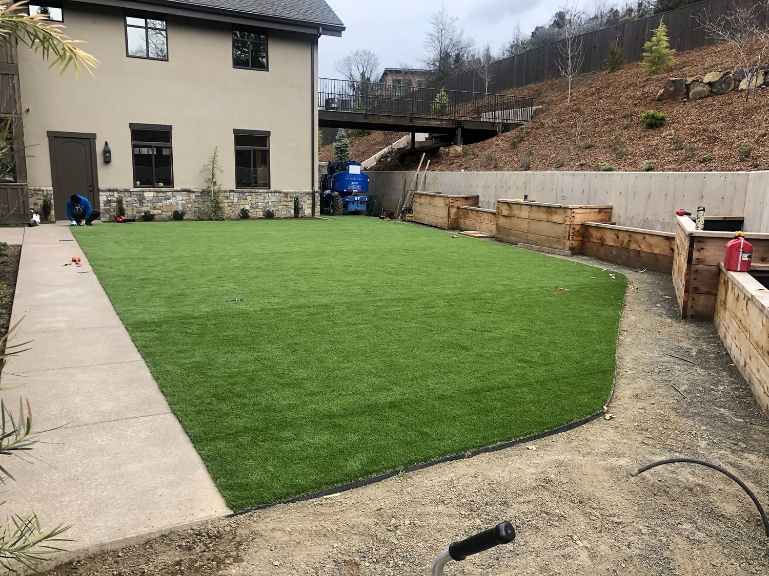 Artificial turf installed in a residential backyard